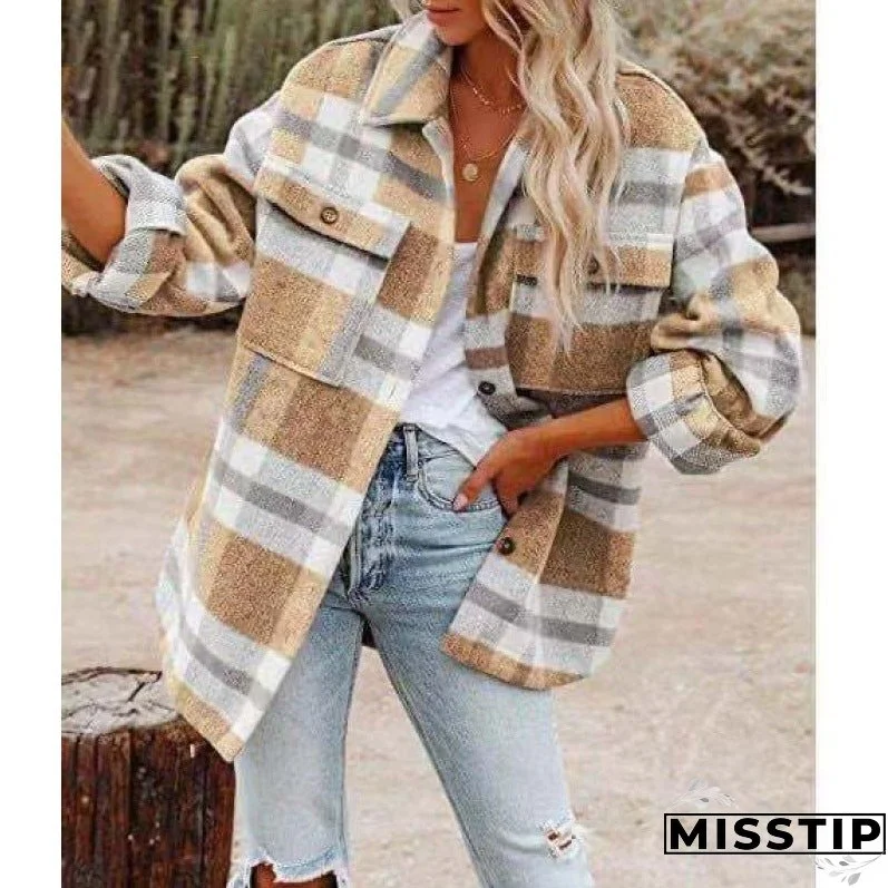 Women's Long Sleeve Loose Plaid Shirt Woolen Coats