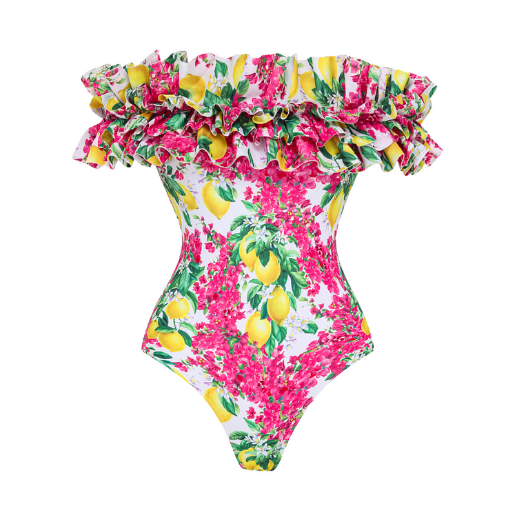 Bandeau Ruffled Lemon Floral Print One Piece Swimsuit and Mesh Splicing Sarong 