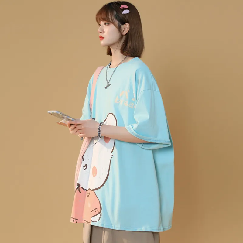 Cartoon Bunny Print Round Collar Casual T-Shirt