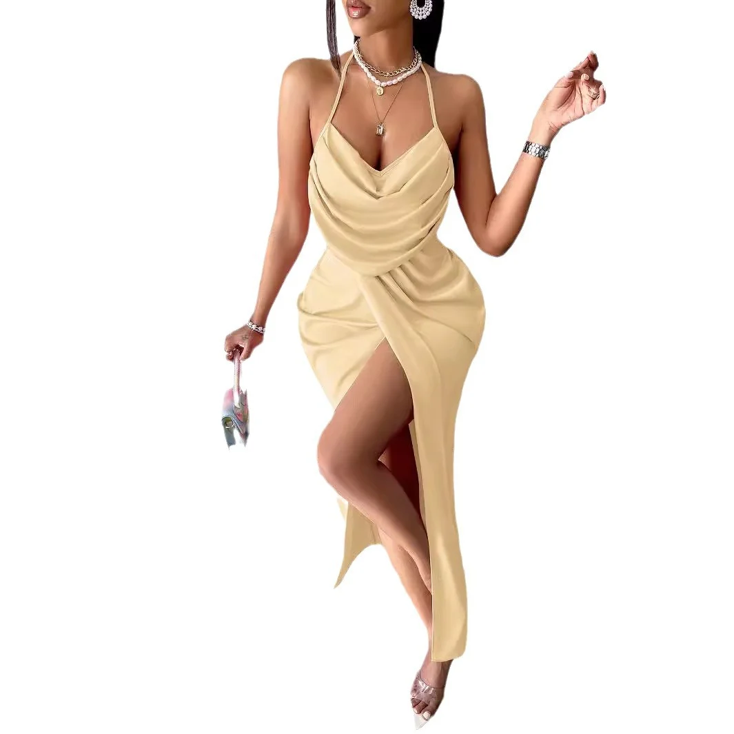 Woherb Woherb Casual Women's Wear 24 Years Hot Selling Pure Color Pocket Collar Sling With Pleated Slit Dress-Outfit Ideas