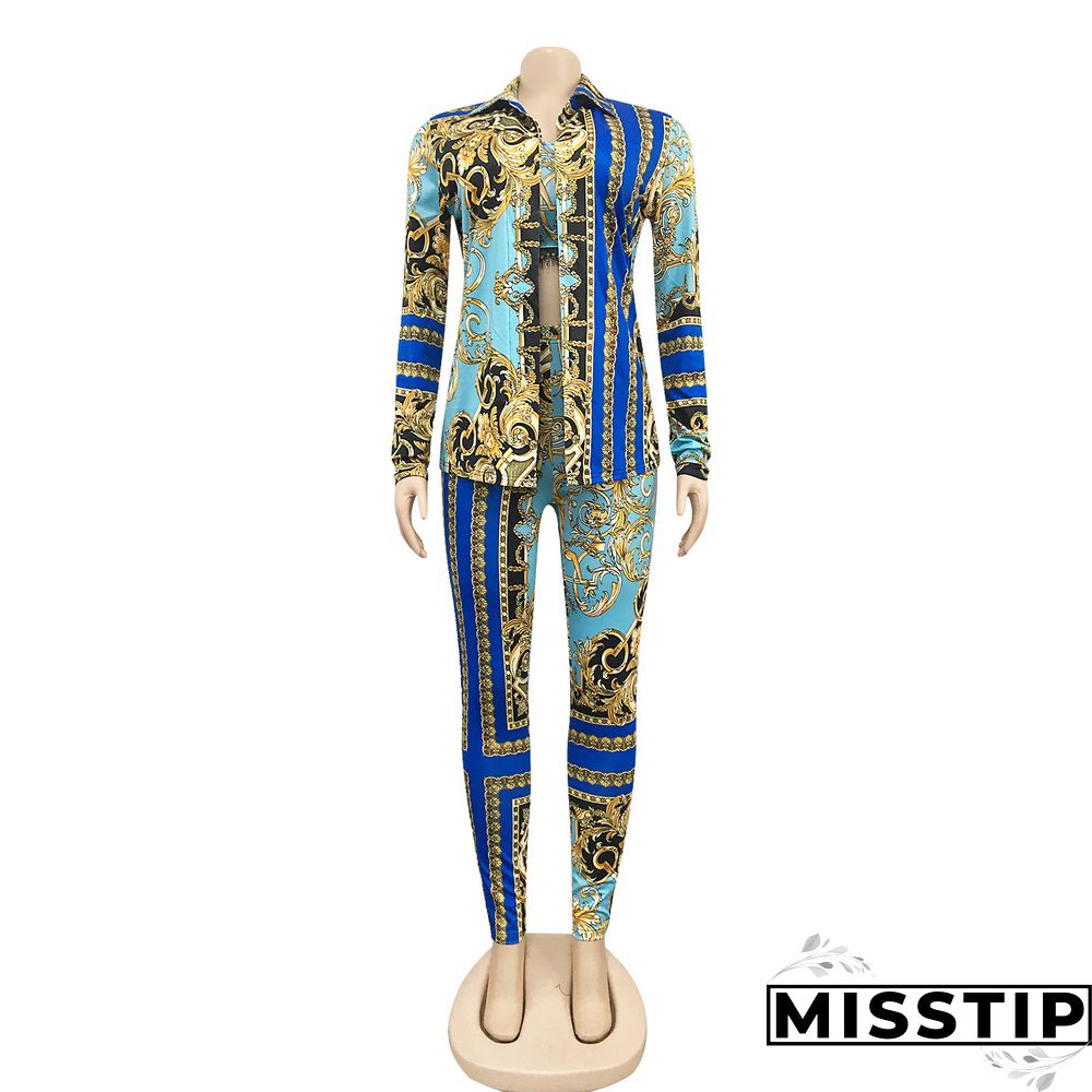 Women Printed Tank Top+Jacket Skinny Pants 3 Pieces