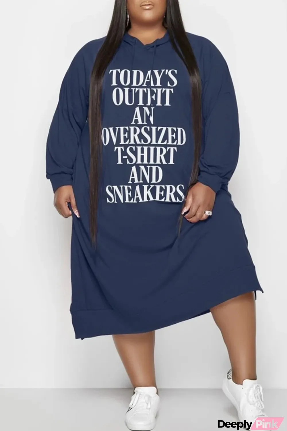 Tibetan Blue Fashion Casual Letter Print Basic Hooded Collar Long Sleeve Plus Size Dresses