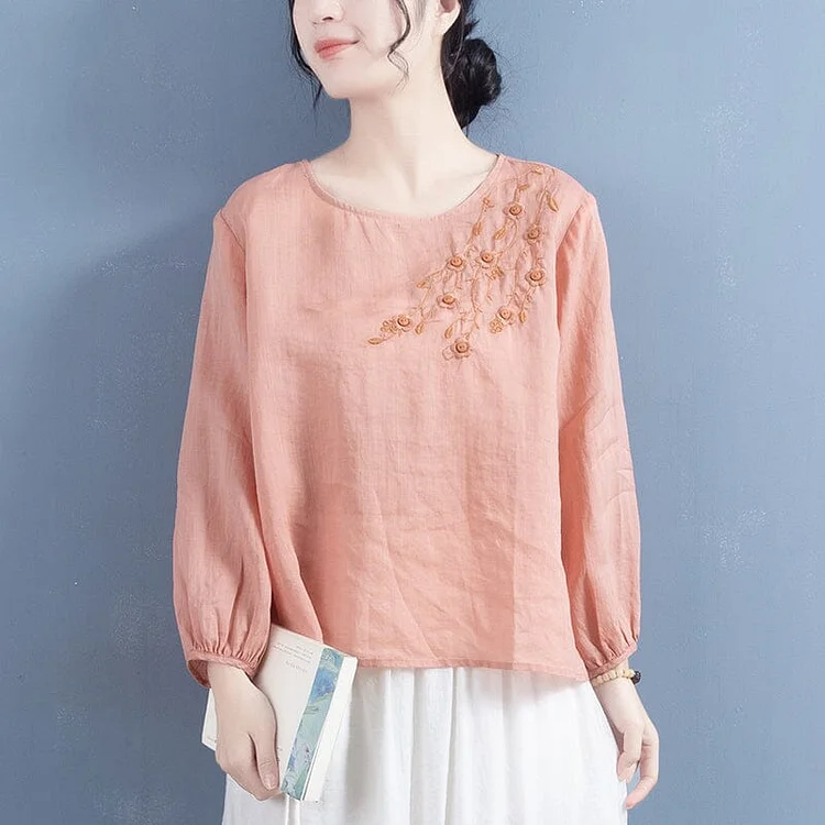 Women Spring Retro Loose Embroidery Linen T-Shirt