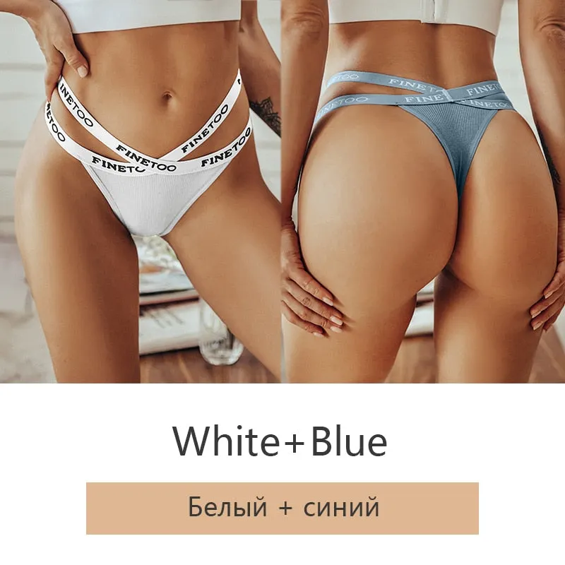 FINETOO 2Pcs/set Sexy Thongs Women Cotton G-string Panties Letter Bikini Underwear Girls Cross Belt Low-rise Underpants Lingerie