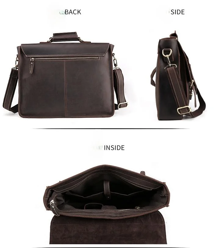 New Handmade Crazy Horse Leather Men Portfolio for 15.6" Laptop