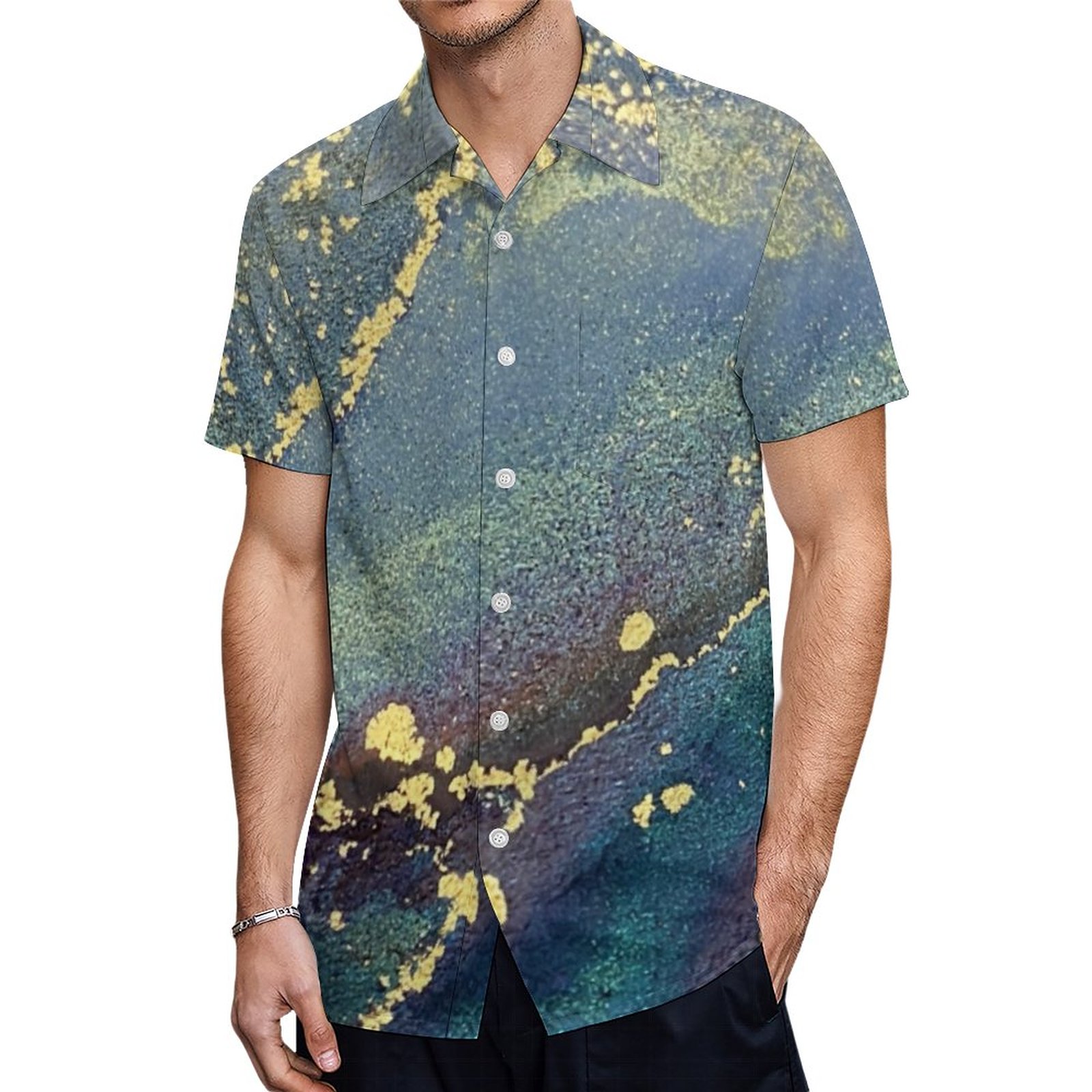 Abstract Alcohol Ink Art Blue Teal And Gold Hawaiian Shirt Mens Button Down Tropical Hawaii Beach Shirts