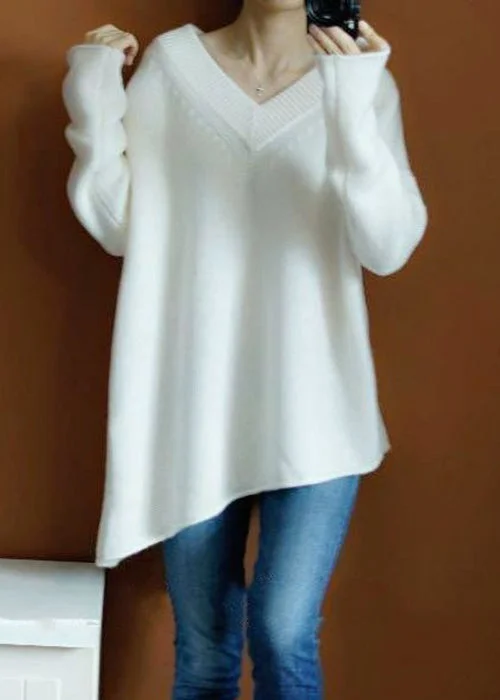 White Solid Cozy Knit Sweaters Top V Neck Spring