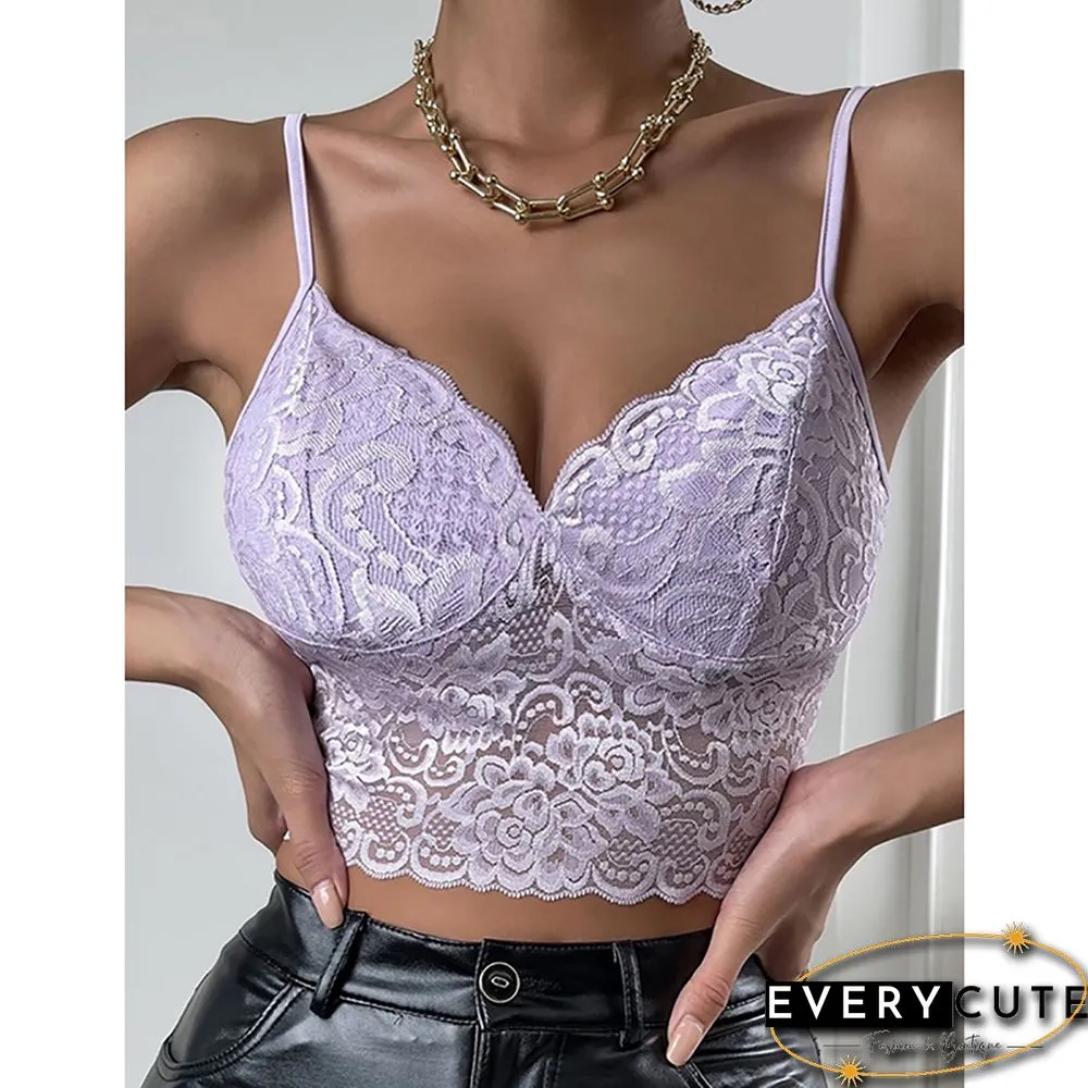 Light Purple Deep V Neck Slim Fit Lace Vest