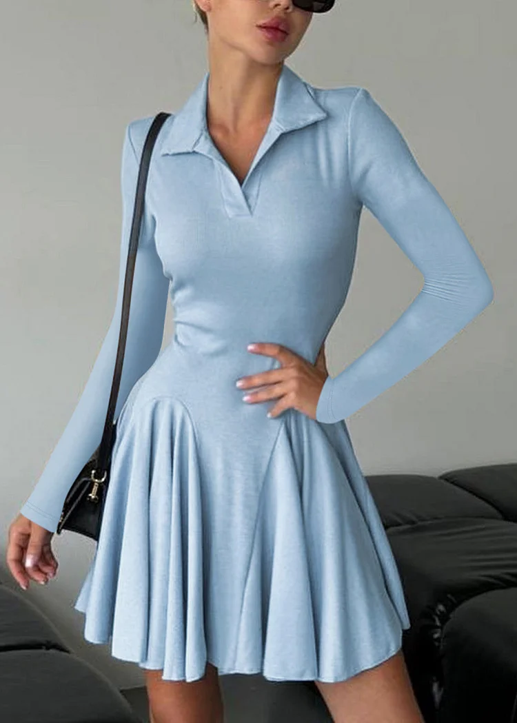 Slim Fit Blue Peter Pan Collar Wrinkled Cotton Dress Fall