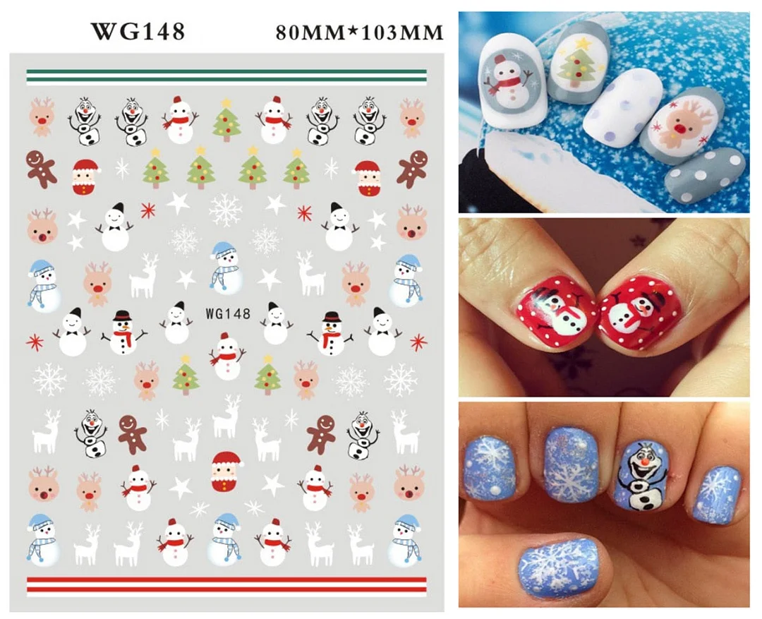 Merry Christmas 3D Nails Sticker Winter Cute Cartoon Sliders Snowflake Elk Xmas Tree Decal UV Gel Polisn Manicures Foils Decor-Nail Inspo