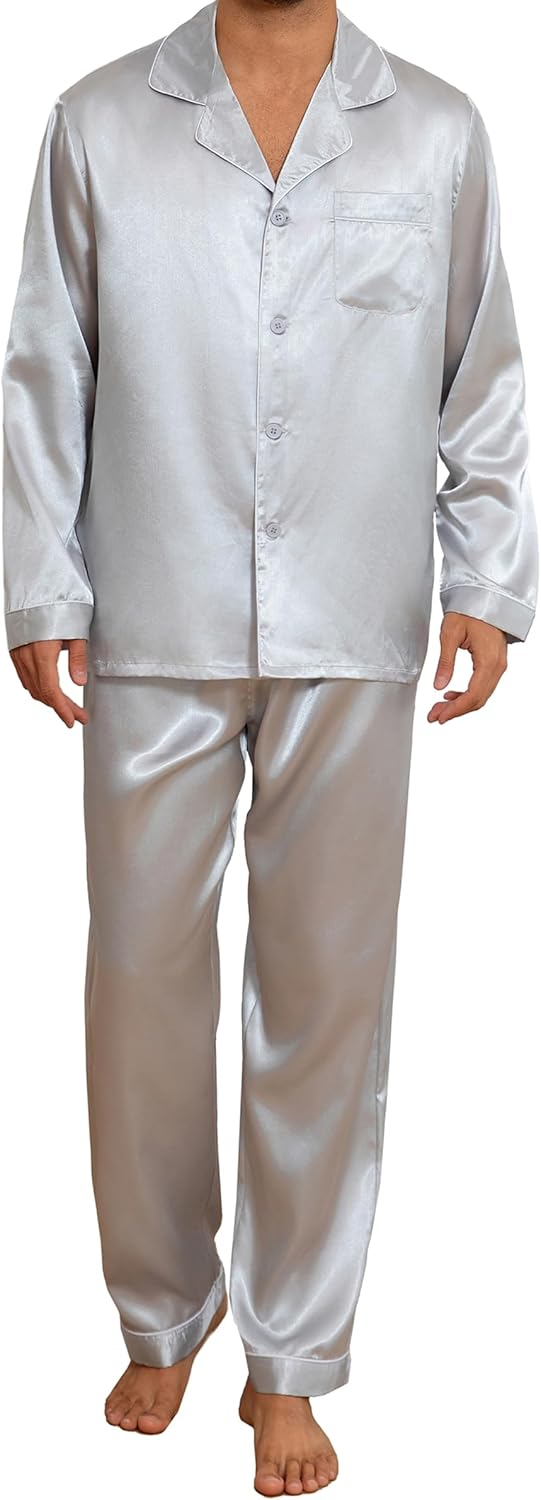 Jupitersecret Mens Satin Silky Pajamas Sets Long Sleeve Sleepwear Button Down Pjs Sets 2 Pieces Loungewear with Pockets
