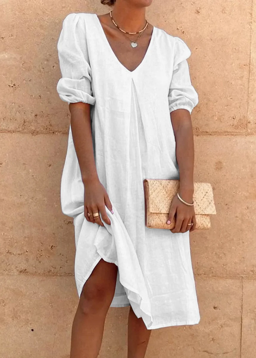 Solid V Neck Dress