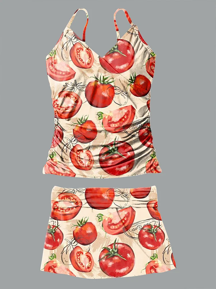 V Neck Vintage Art Tomato Pattern Halter Pants Skirt Set Swimsuit