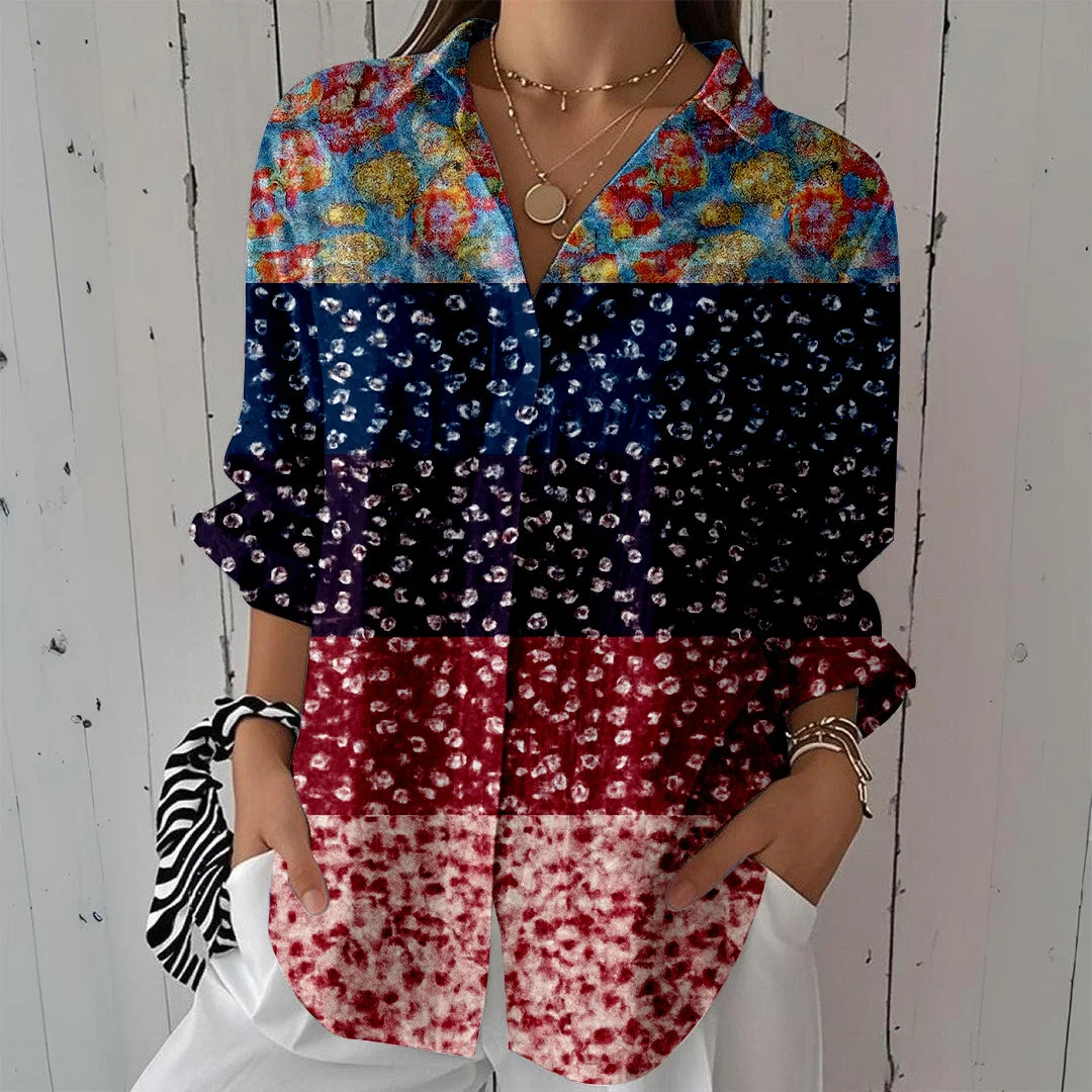 Style & Comfort for Mature Women Women Floral, Red, Patchwork DZCL0061 3/4 Sleeve Shirt Collar Printed Button Tops