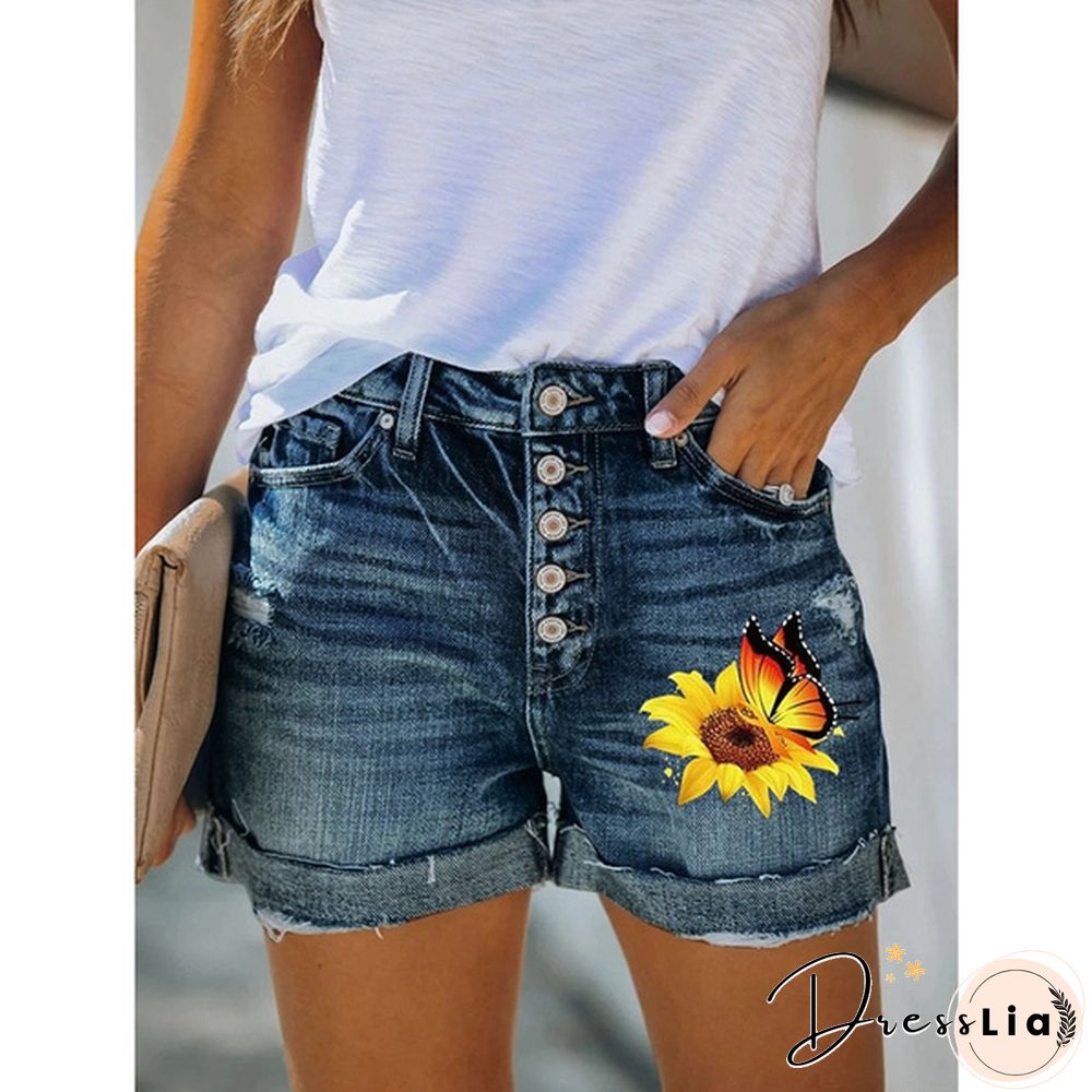 4 Summer Women Hot Shorts Sunflower Butterfly Print Denim Shorts Skinny Jeans Shorts