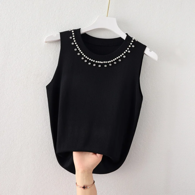 Brownm Brownm Vest Women's 2024 Summer Round Neck Nails Sleeveless Clothes With Small Suit Slings Inside The Bottom Shirt