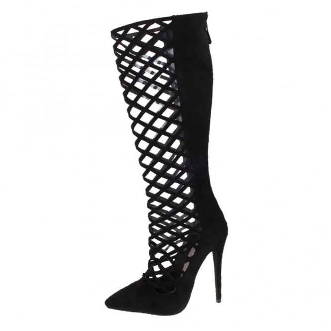 Black Caged Knee-high Summer Boots Stiletto Heels Gladiator Shoes Nicepairs