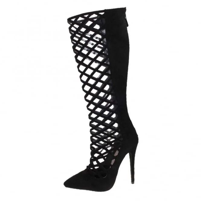 Black Caged Knee-high Gladiator Stiletto Heel Boots Vdcoo