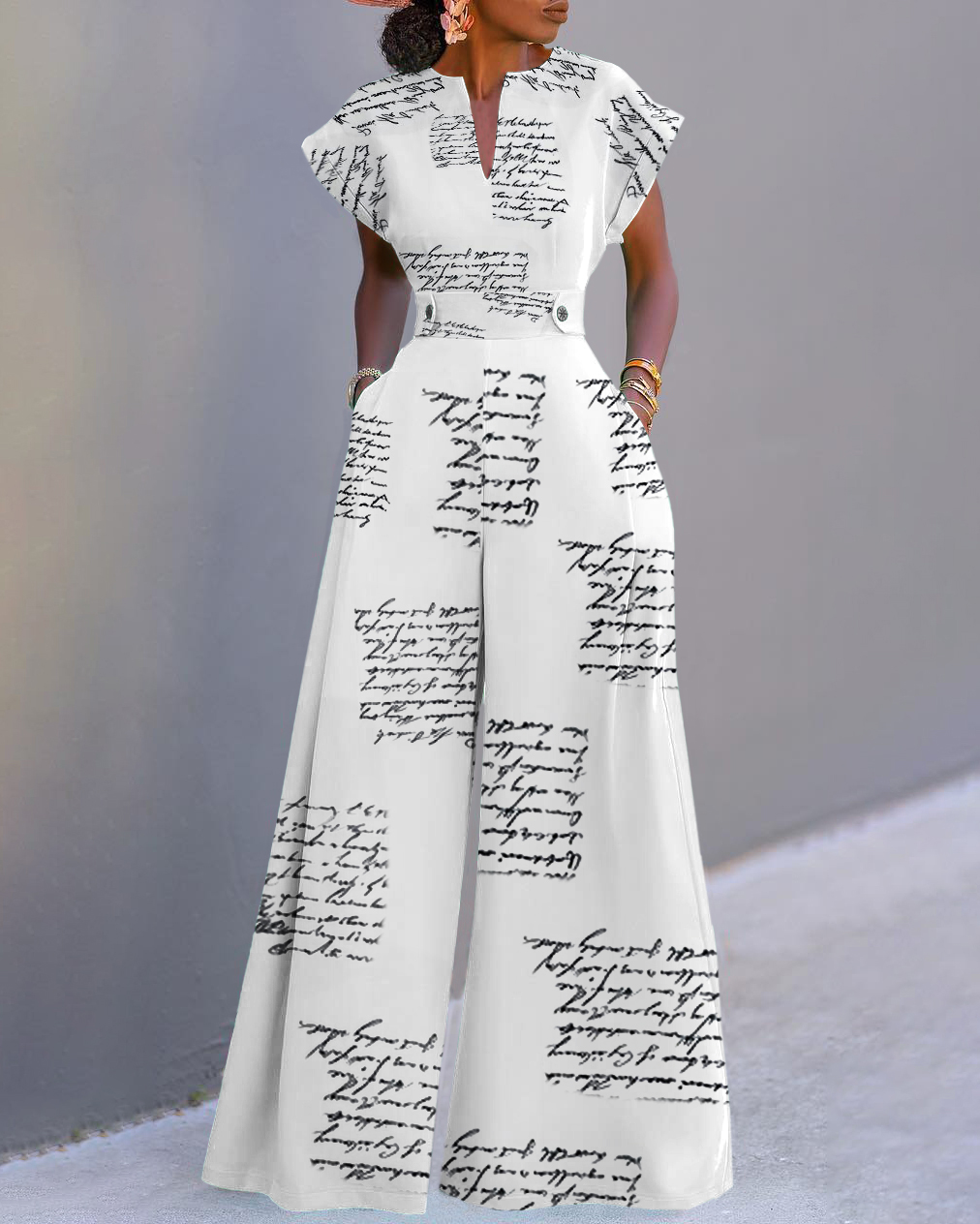 Simple Letters Poster Neckline Batwing Sleeve Wide Leg Jumpsuit