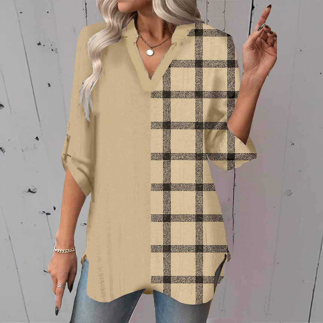Women Khaki, Plaid DZGA0056 3/4 Sleeve V-neck Printed Graphic Button Tops