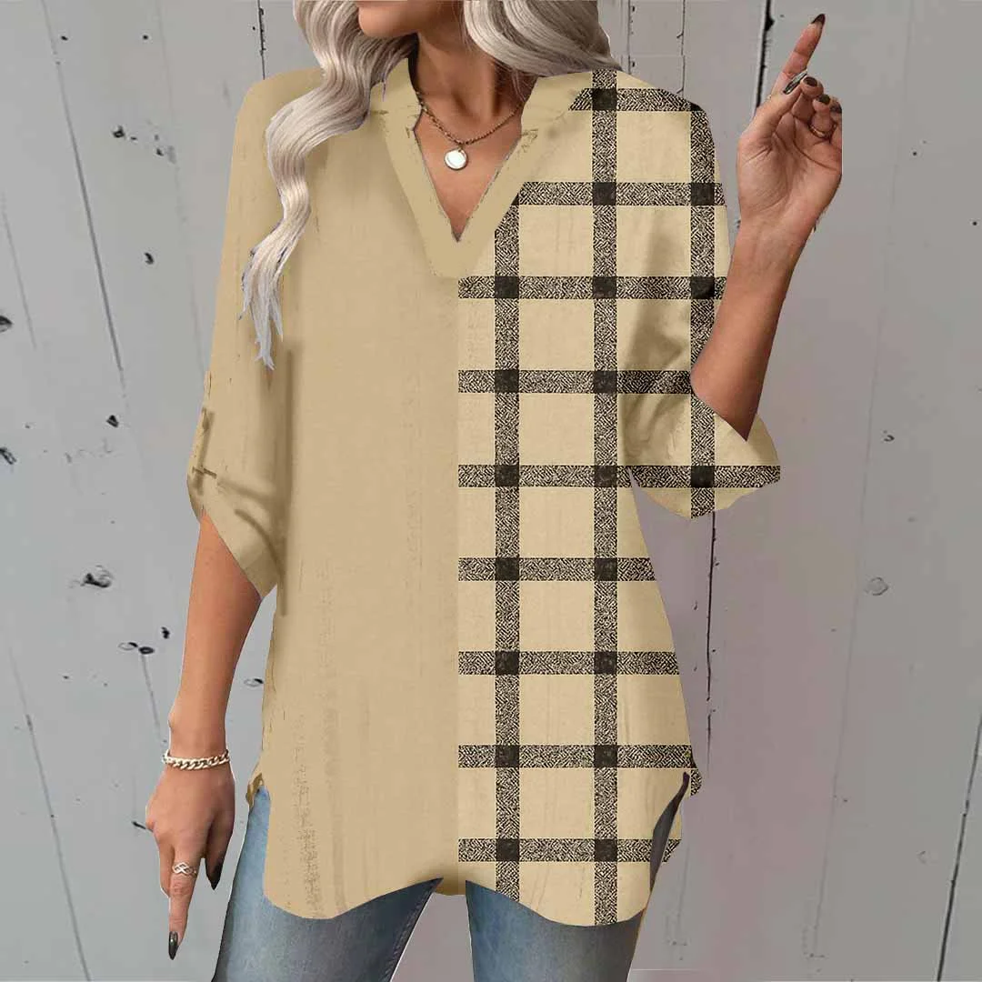 Women Khaki, Plaid DZGA0056 3/4 Sleeve V-neck Printed Graphic Button Tops