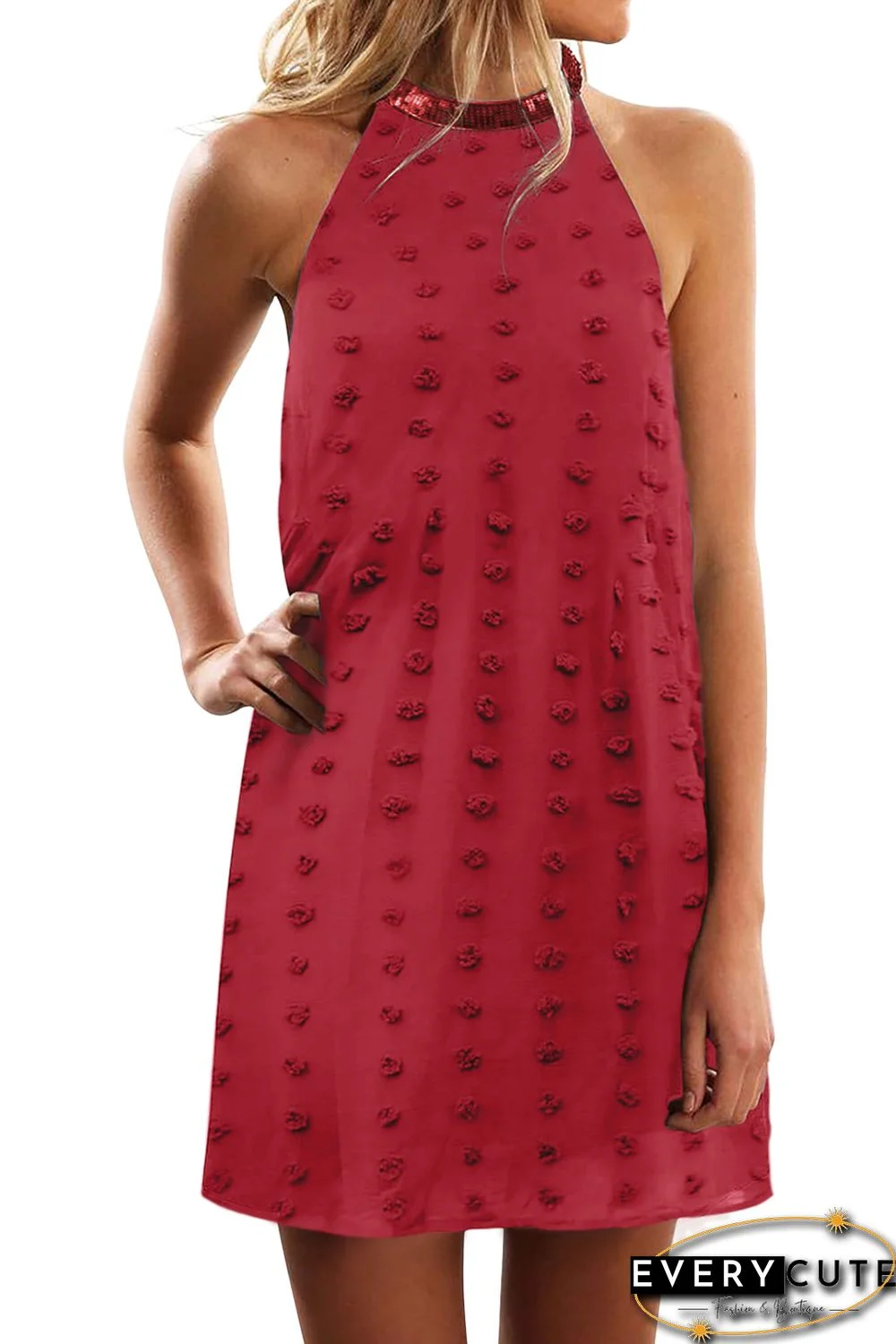 Red Pompom Mock Neck Sleeveless Shift Mini Dress