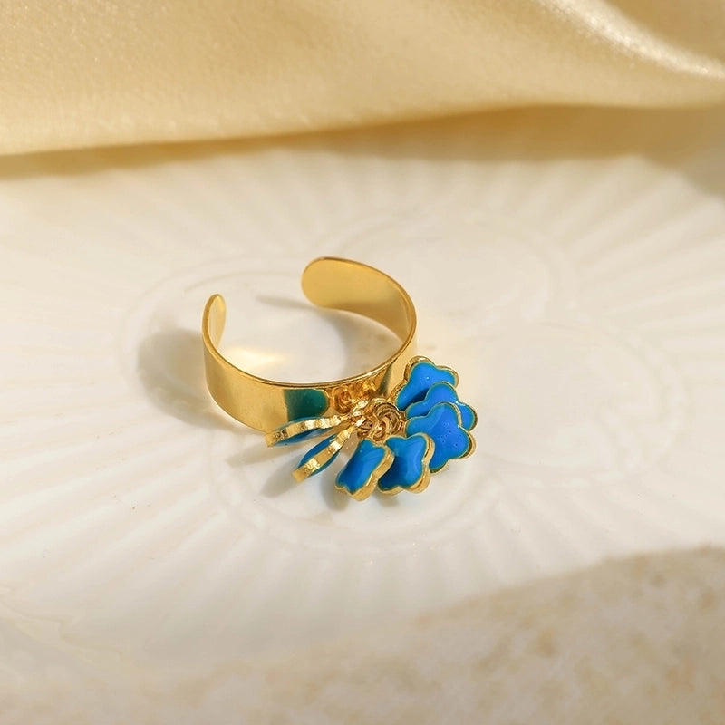 Cute Sweet Flower 304 Stainless Steel 14K Gold Plated Enamel Open Rings