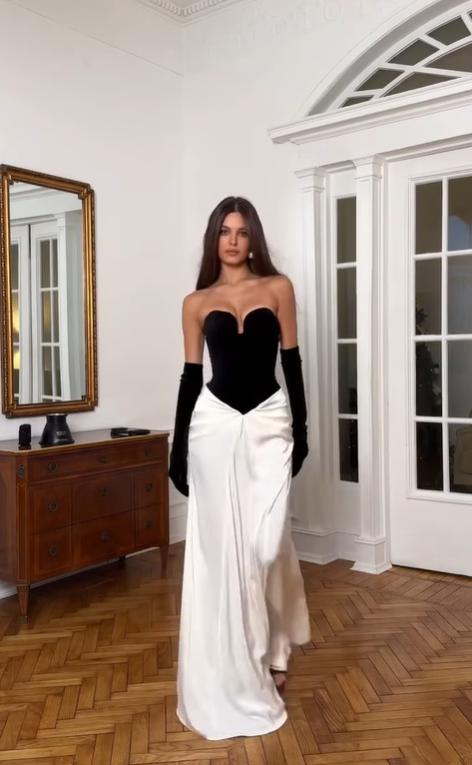 Black Ivory Strapless Long Pleated Prom Dress With GlovesAcodress ZT0882 Black Ivory Strapless Long Pleated Prom Dress With GlovesAcodress ZT0882