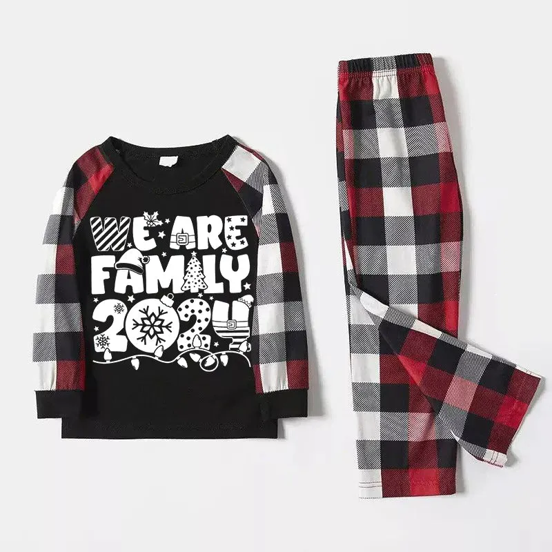 "We are Family 2024" White Letter Print Red & Black & Grey & White Plaid Family Matching Pajamas
