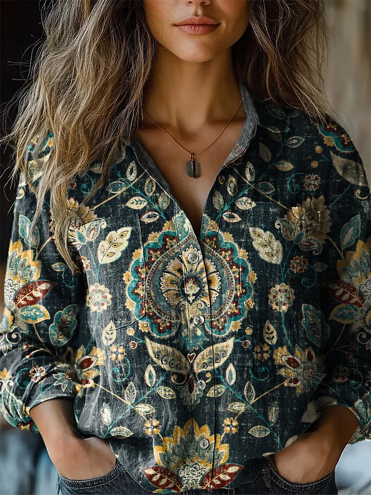 Women's Green Vintage Floral Totem Print Comfort Shirt