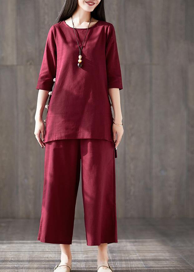 VCSHOES red cotton clothes For Women Fitted linen wide leg pants two pieces Maxi o neck Chinese Button tops