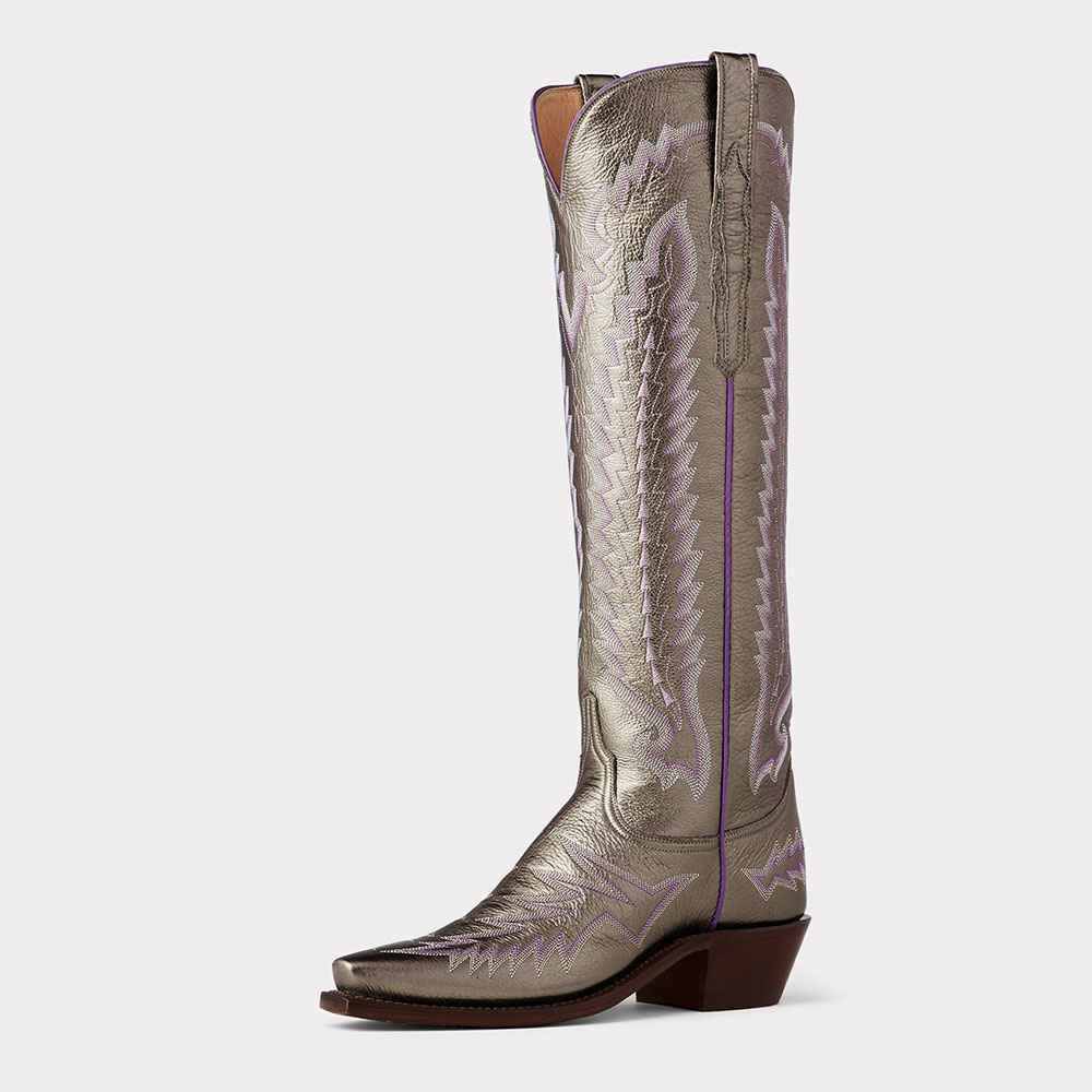 Pewter Gold Block Heel Embroidered Snip Toe Western Boots for Women Nicepairs