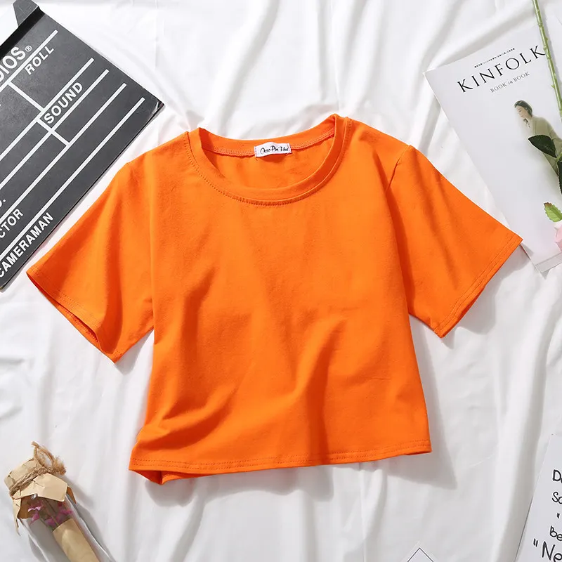 Churchf Churchf Top White Short T-Shirt Female Summer Short Sleeve Korean Version Pure Color Students High Waist Leakage Navel Loose Versatile