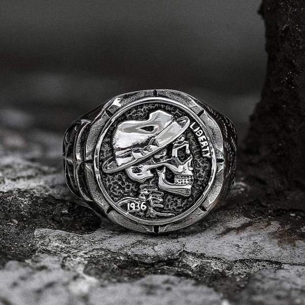 1936 HOBO NICKELS LIBERTY STAINLESS STEEL SKULL RING