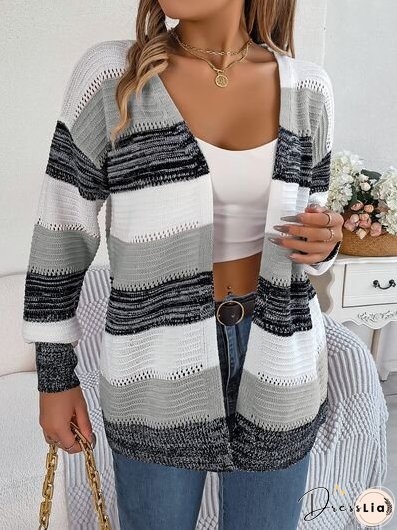Openwork Striped Open Front Cardigan