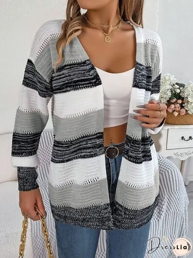 Openwork Striped Open Front Cardigan
