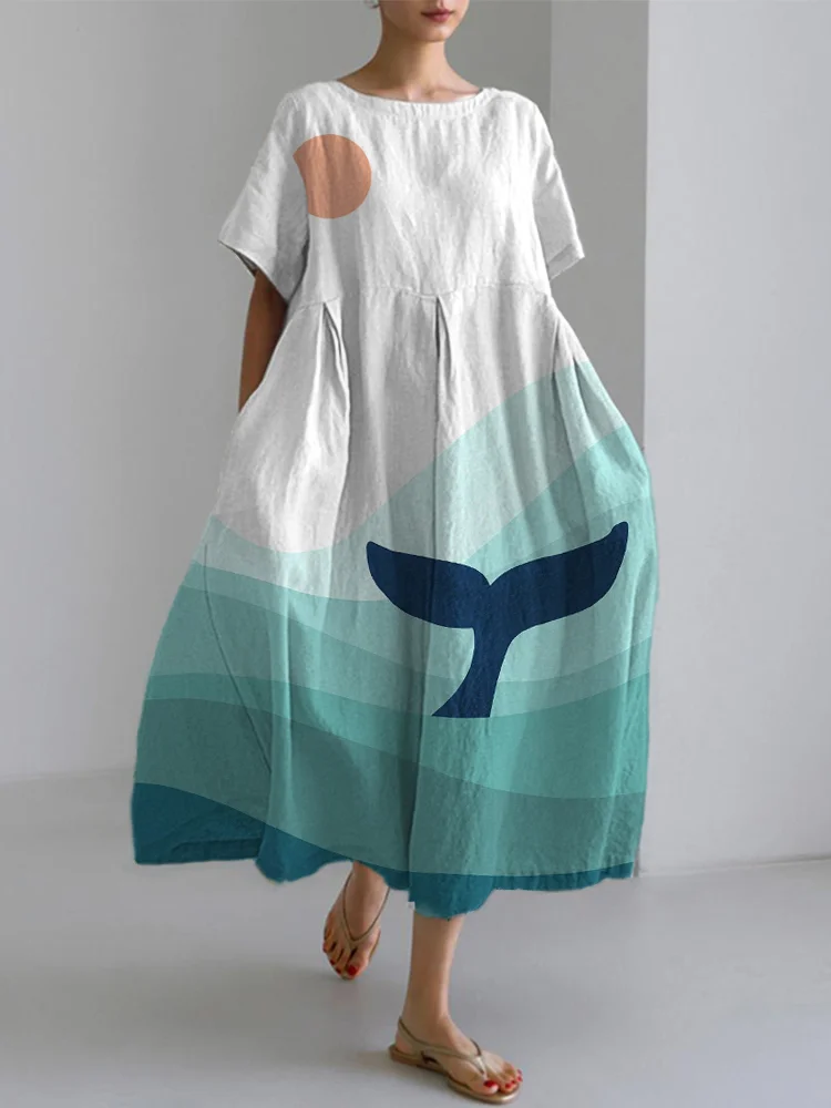 Comstylish Whale Tail Art Print Linen Blend Dress