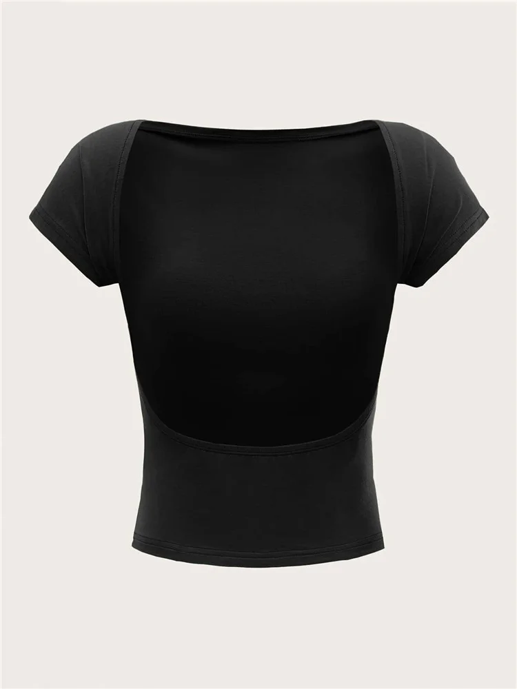 Women's O-neck Backless T-shirt Short Sleeve Solid Color Bodycon Tunics Fashion Tank