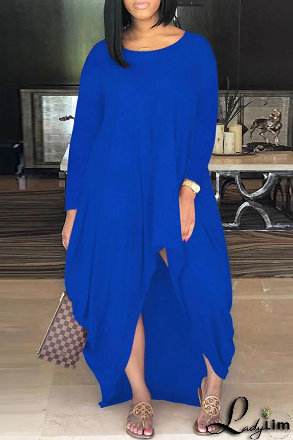 Blue Fashion Casual Solid Asymmetrical O Neck Long Sleeve Dresses