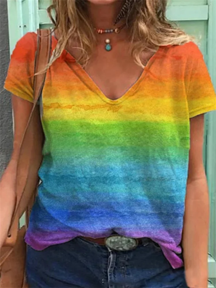 Rainbow Inspired Watercolor V Neck T Shirt