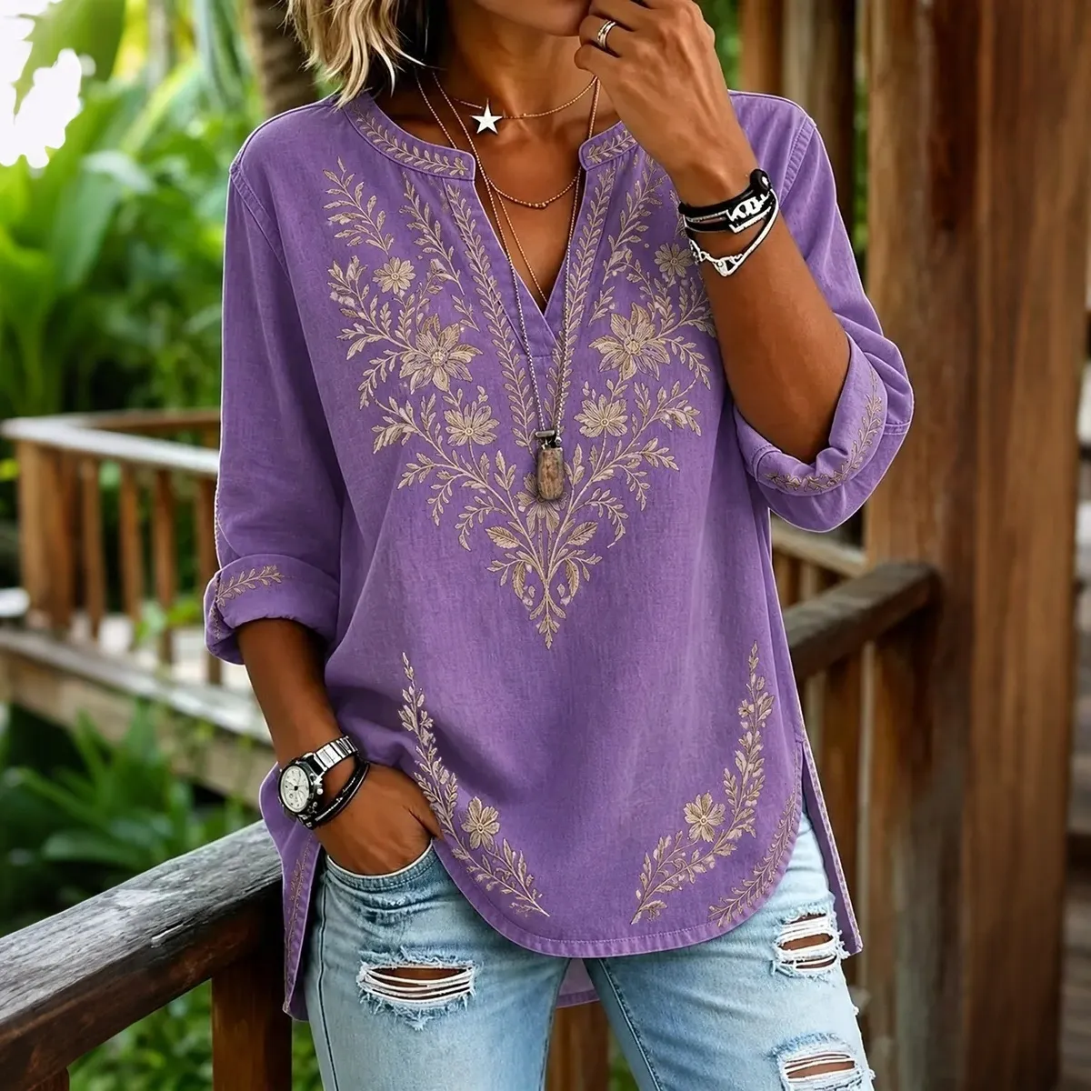 Comstylish Women's Retro Floral Art Cotton Linen V-neck T-shirt