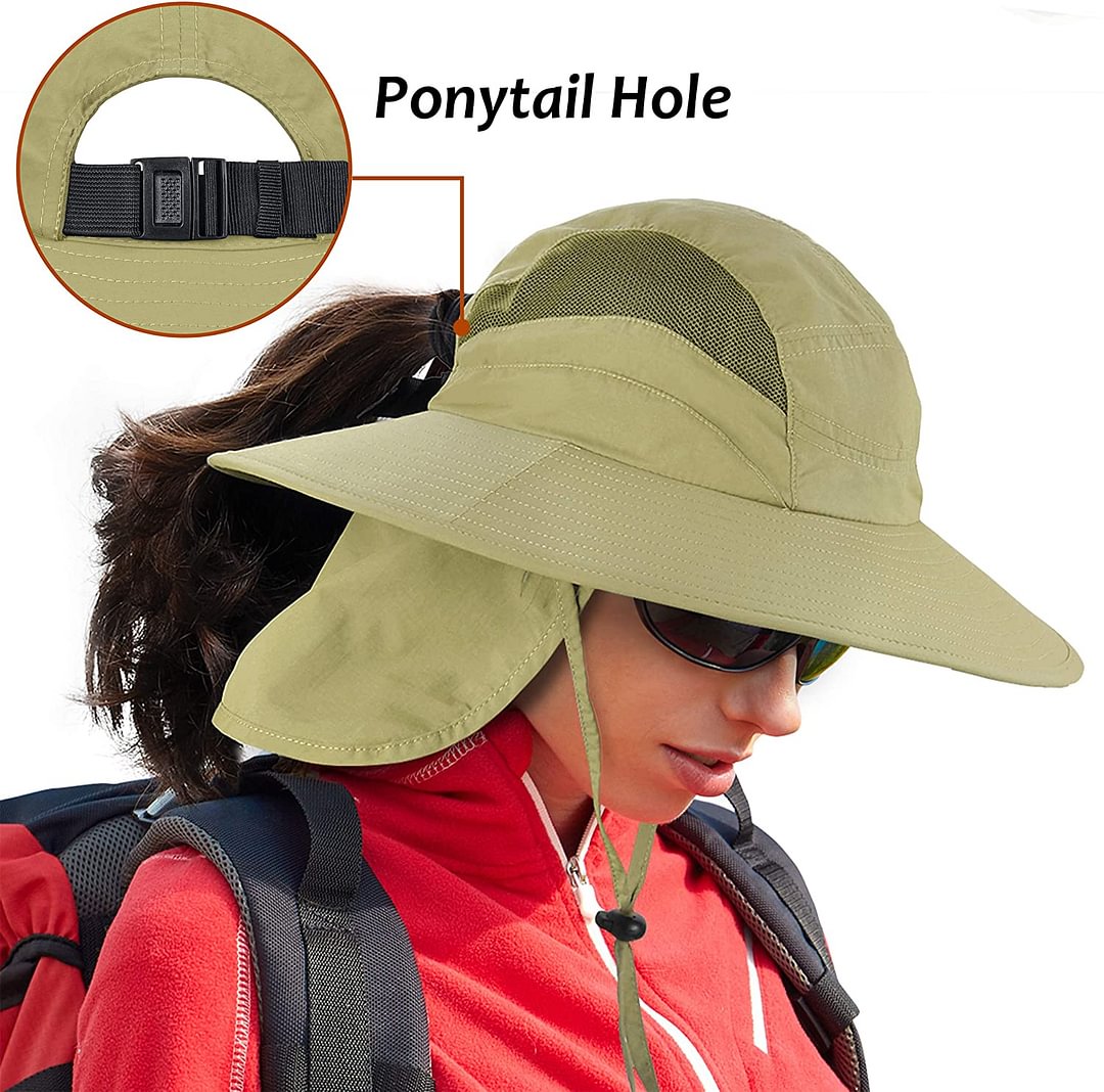 Boonie Hat w/Ponytail Hole UV Sun Protection Safari Cap w/Neck Flap