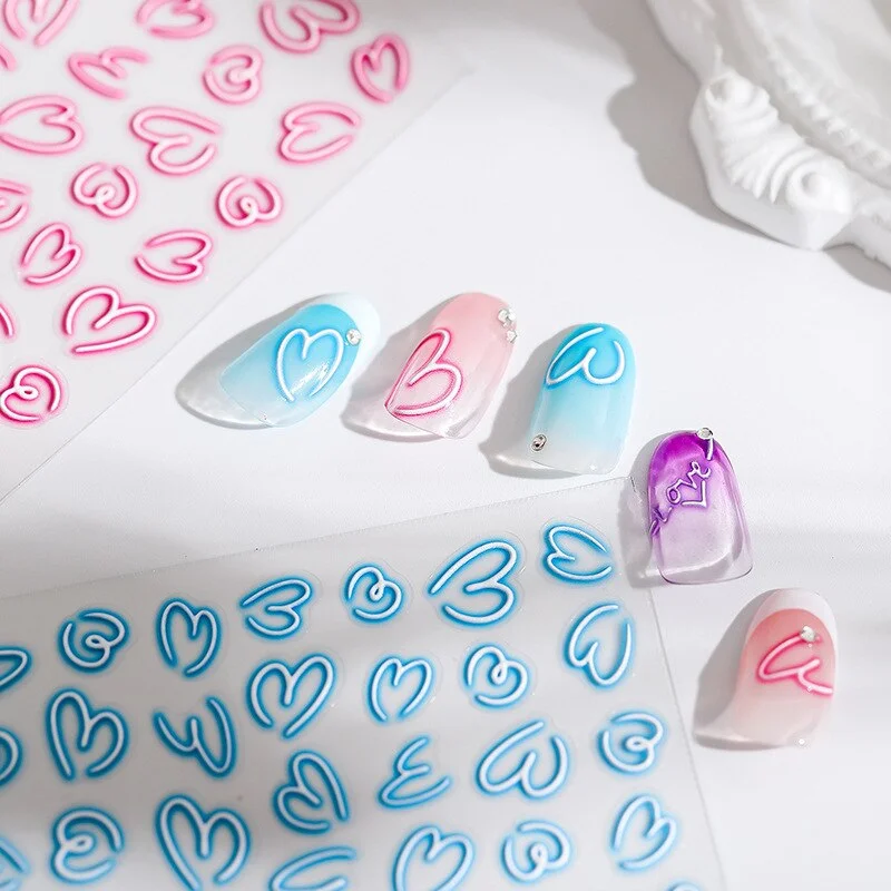 Churchf Nail Art Stickers Adhesive Sliders Pink Blue Heart DIY Line Nail Transfer Decals Foils Wraps Decorations Z0635-Nail Inspo