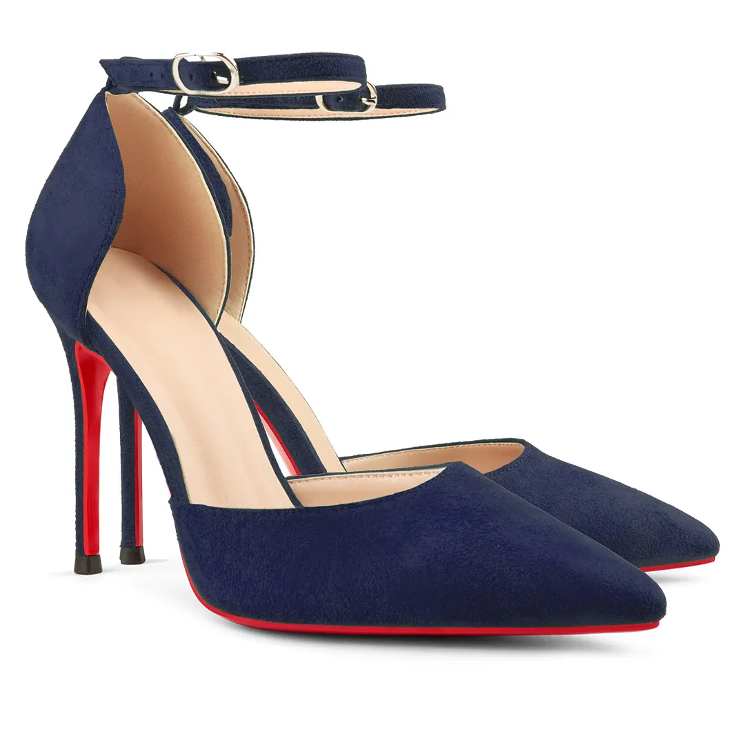 100mm Women&rsquo;s High Heels Ankle Strap Pointed Toe Suede Pumps Wedding Party  Sandals-vocosishoes