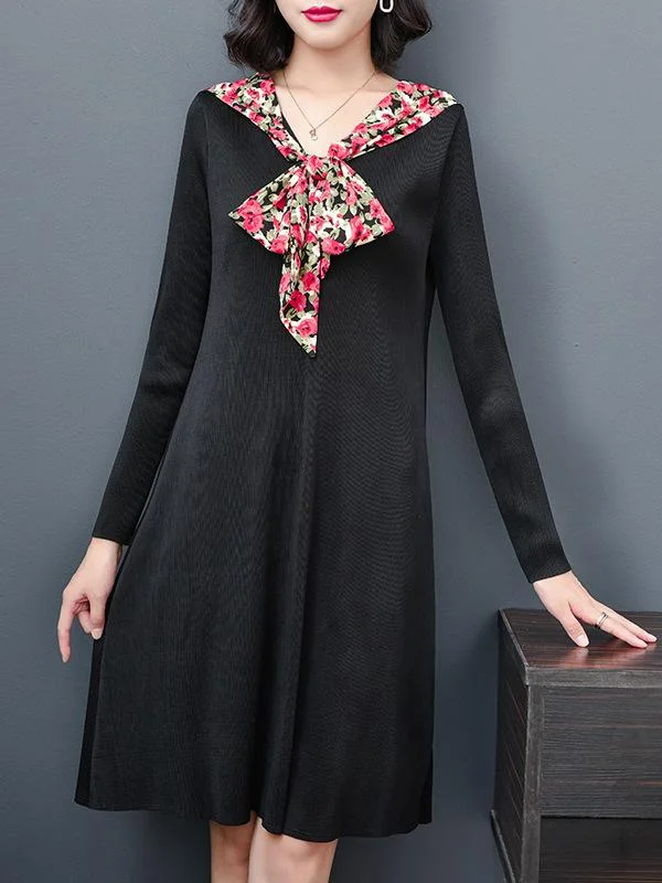 Elegant long-sleeved mid-length loose pleated dress