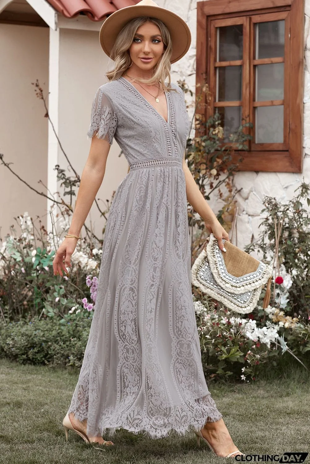 Gray Fill Your Heart Lace Maxi Party Dress