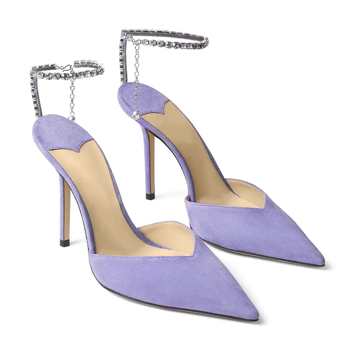 100mm Women's Sandals Crystal Chain Rhinestone Embellished Strap Suede Pumps Pointy Stilettos Backless Shoes-vocosishoes