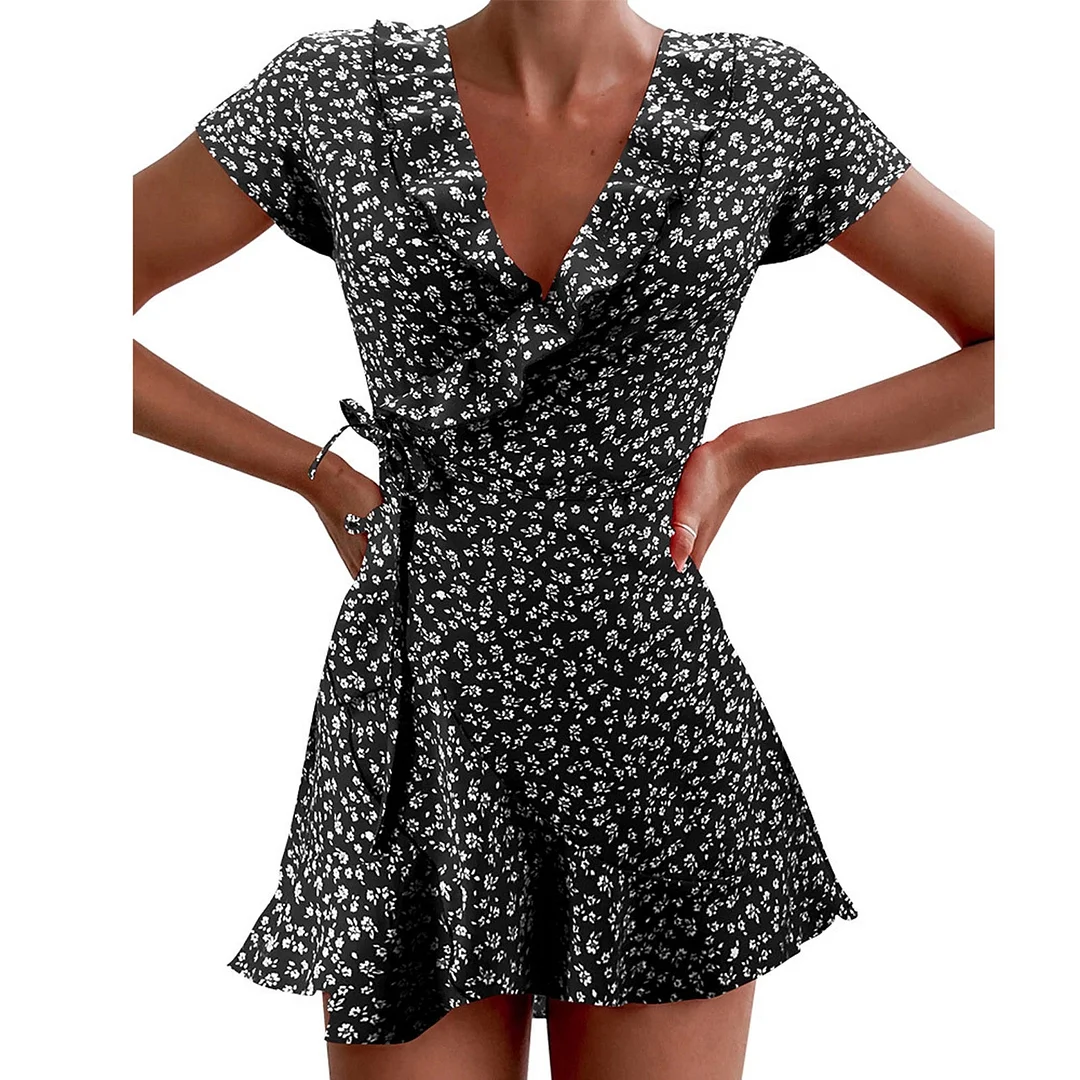 Womens Short Sleeve Dress Wrap Summer Elegant Floral Ruffles V-neck Bandage Short Dress 2021 Ladies Casual Hoilday Sundress