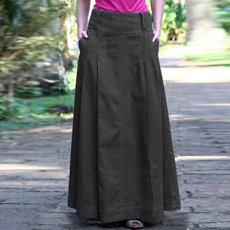 Oversize Summer Denim Blue Long Skirts ZANZEA Women Vintage High Waist Skirt Faldas Saia Femme Robe Solid Maxi Vestido Jupe
