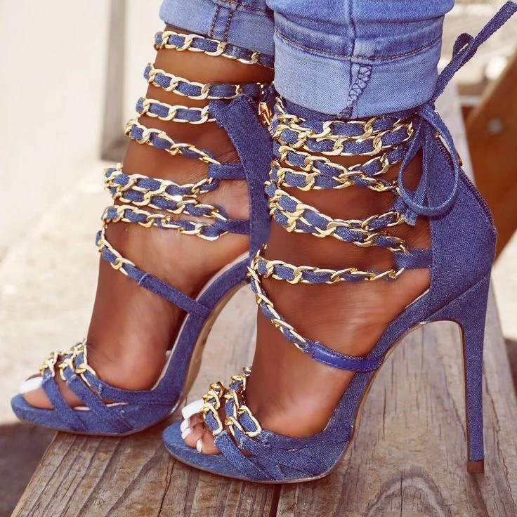 Blue Open Toe Stiletto Heels Denim Strappy Sandals with Chain |FSJ Shoes